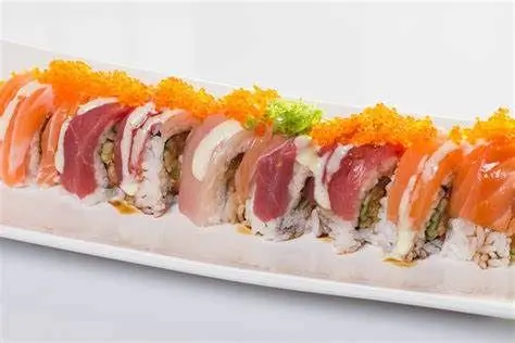 Sushi-Heaven-Japanese-restaurant-Assorted-Fish-Sushi-Roll-Saratoga Sushi roll with various fresh fish slices, avocado, and orange tobiko at Sushi Heaven, a Japanese restaurant in Saratoga