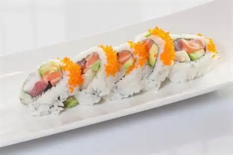 Sushi roll with assorted fresh fish, avocado, and topped with orange tobiko at Sushi Heaven, a Japanese restaurant in Saratoga