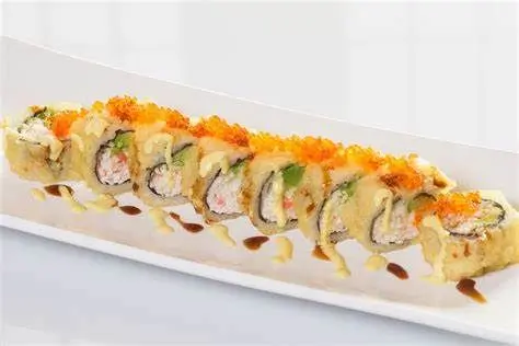 Sushi roll with spicy crab, cucumber, avocado, orange tobiko at Sushi Heaven, a Japanese restaurant in Saratoga